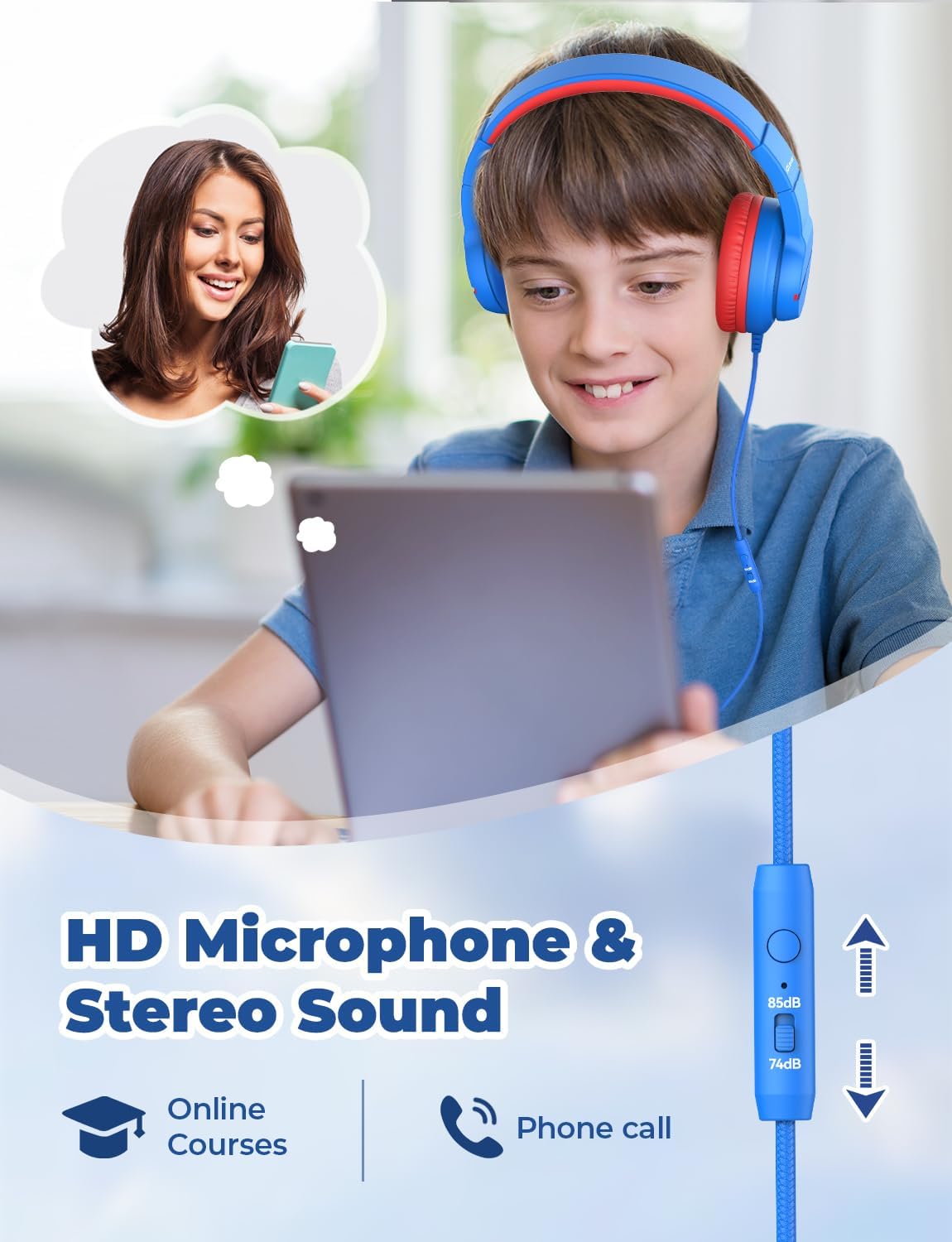 iClever Kids Headphones for School Travel, Safe Volume Limited, HD Mic Stereo Sound Over-Ear Girls Boys Headphones for Kid