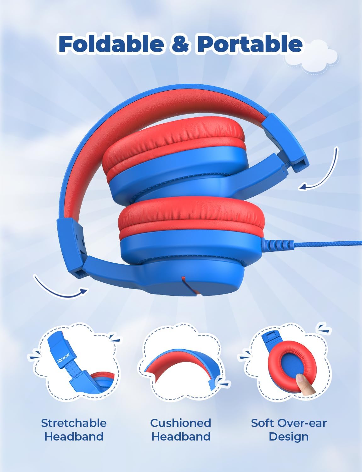 iClever Kids Headphones for School Travel, Safe Volume Limited, HD Mic Stereo Sound Over-Ear Girls Boys Headphones for Kid