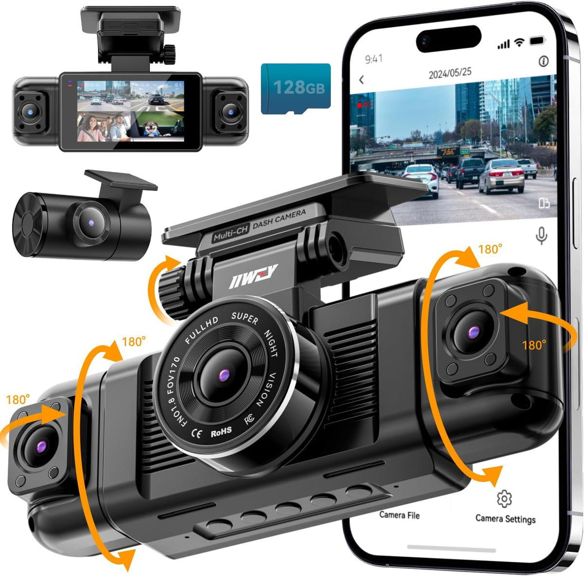 IIWEY N5 4 Channel Dash Cam 360° View, 1080P Front and Rear Inside, Left Right Dash Camera for Cars, 8 IR Lamps Night Vision, 5G WiFi & APP Control