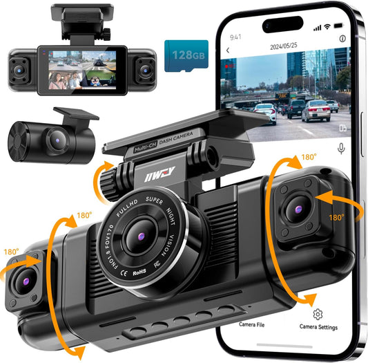 IIWEY N5 4 Channel Dash Cam 360° View, 1080P Front and Rear Inside, Left Right Dash Camera for Cars, 8 IR Lamps Night Vision, 5G WiFi & APP Control