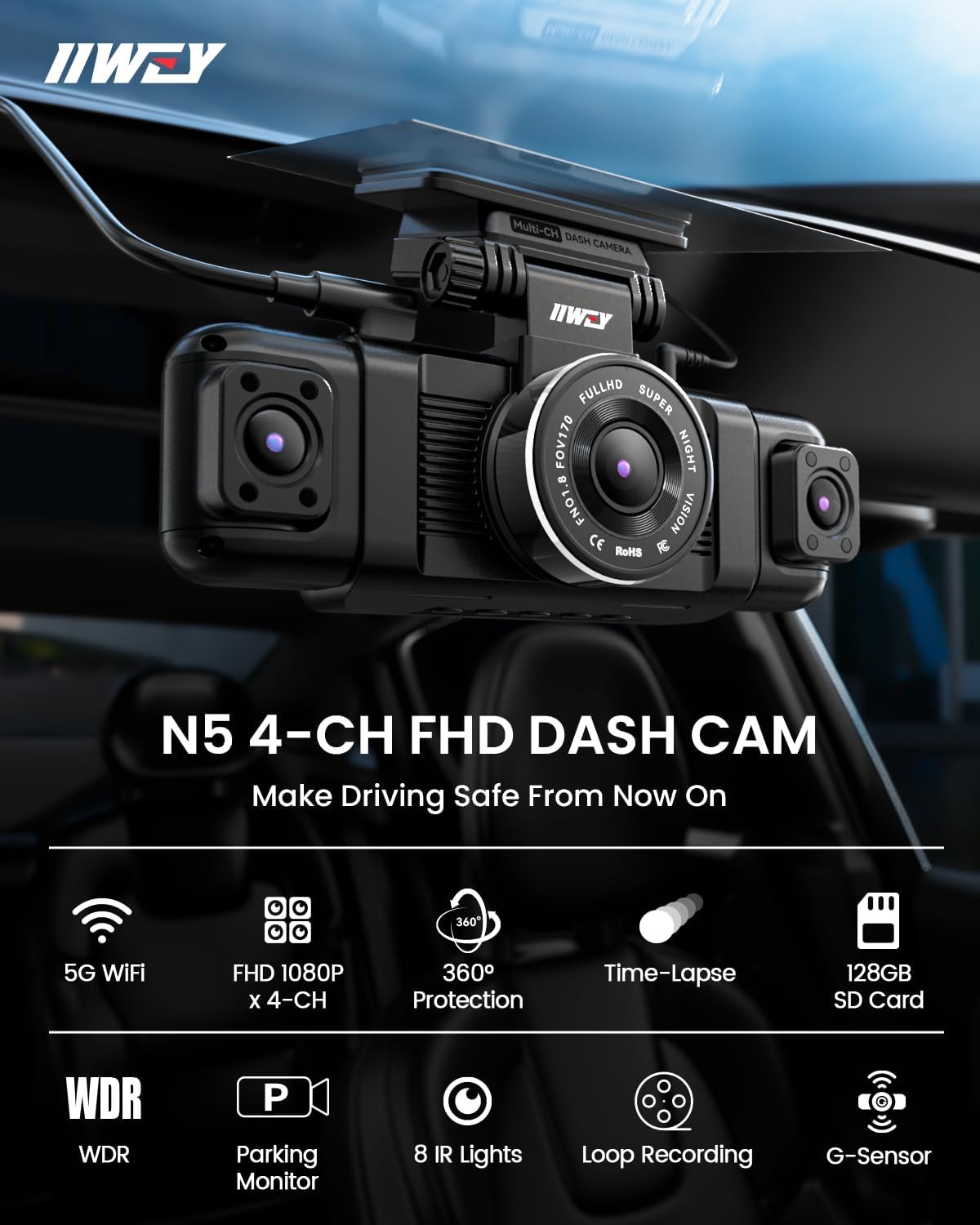 IIWEY N5 4 Channel Dash Cam 360° View, 1080P Front and Rear Inside, Left Right Dash Camera for Cars, 8 IR Lamps Night Vision, 5G WiFi & APP Control