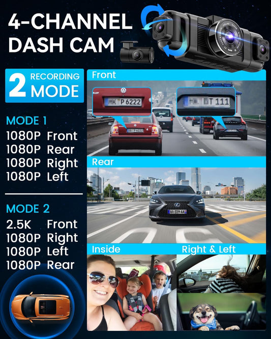 IIWEY N5 4 Channel Dash Cam 360° View, 1080P Front and Rear Inside, Left Right Dash Camera for Cars, 8 IR Lamps Night Vision, 5G WiFi & APP Control