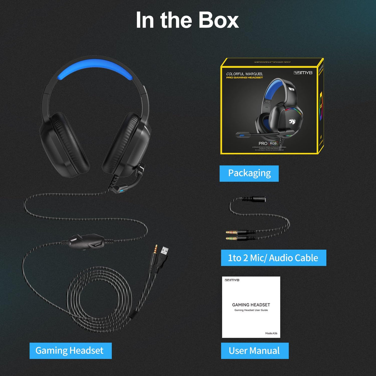 IMYB A36 Gaming Headset with Microphone for Pc, Xbox One Series X/s, Ps4, Ps5, Switch, Stereo Wired Noise Cancelling Over-Ear Headphones (Blue)