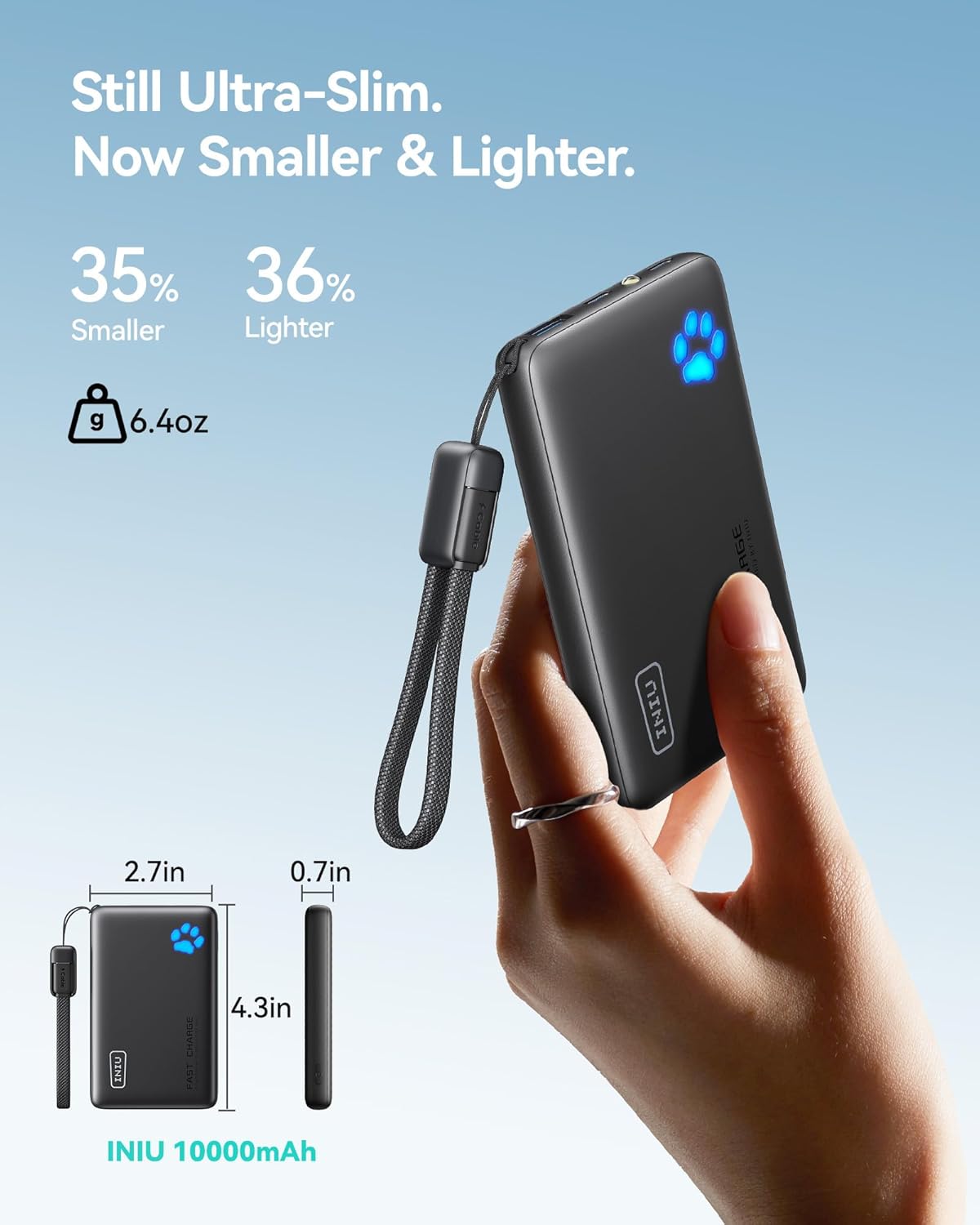 INIU Portable Charger, Ultra Slim 45W Fast Charging with Attached USB C Cable, Flight-Safe 10000mAh PD Power Bank Battery Pack