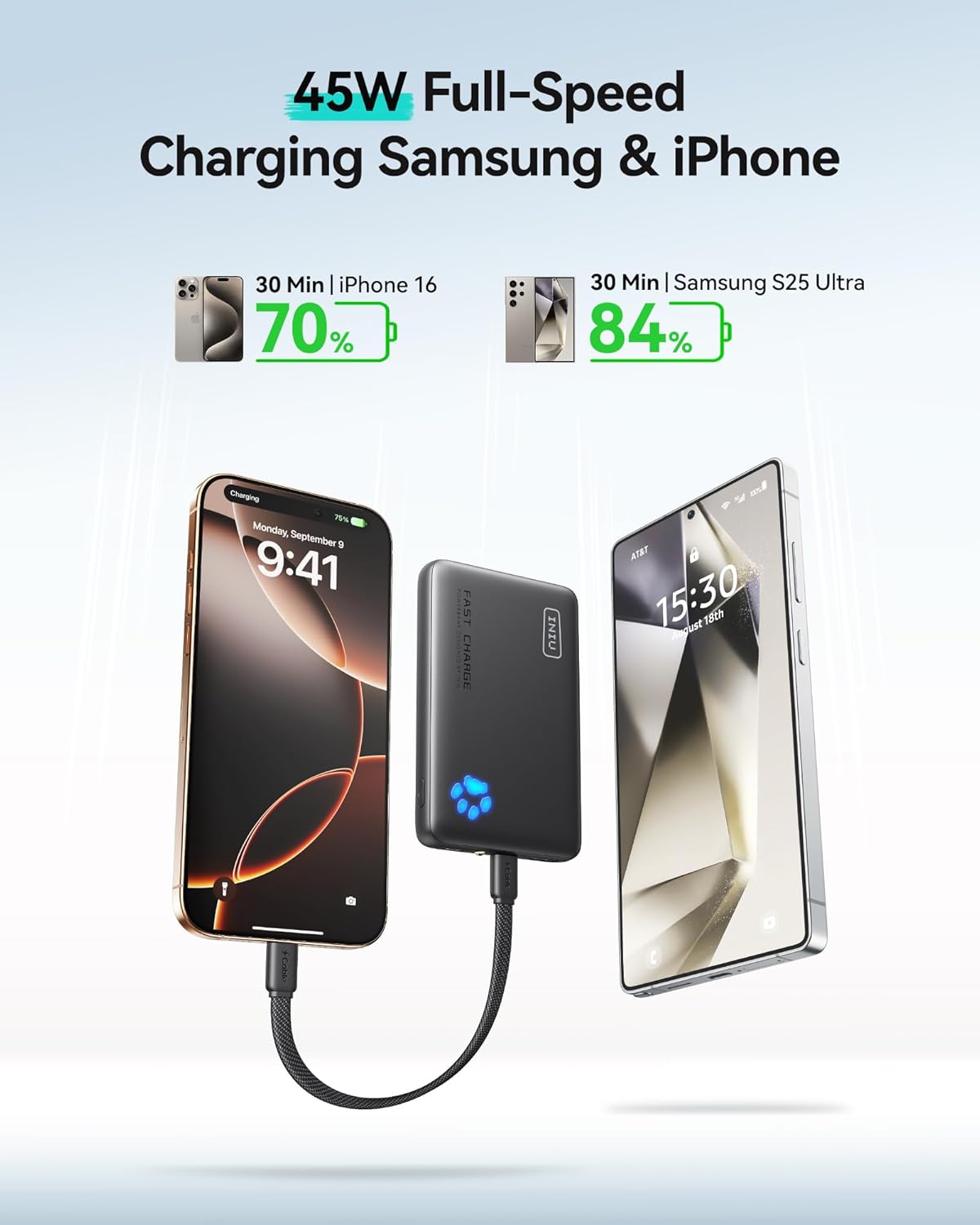 INIU Portable Charger, Ultra Slim 45W Fast Charging with Attached USB C Cable, Flight-Safe 10000mAh PD Power Bank Battery Pack