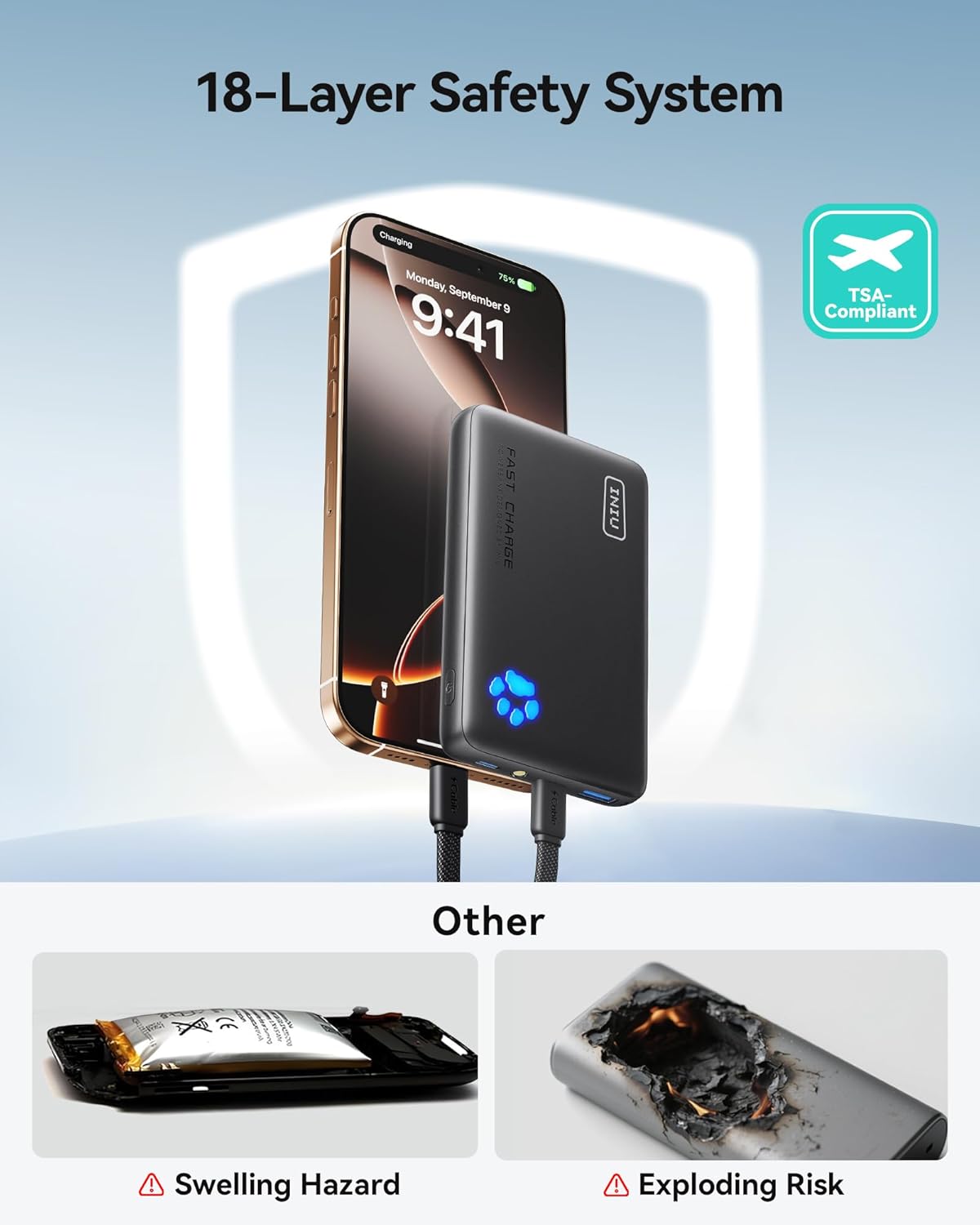 INIU Portable Charger, Ultra Slim 45W Fast Charging with Attached USB C Cable, Flight-Safe 10000mAh PD Power Bank Battery Pack