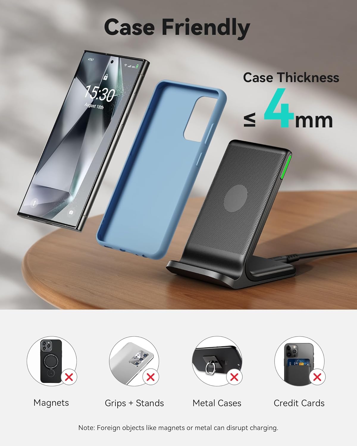 INIU Wireless Charger, 15W Fast Wireless Charging Station with Sleep-Friendly Adaptive Light