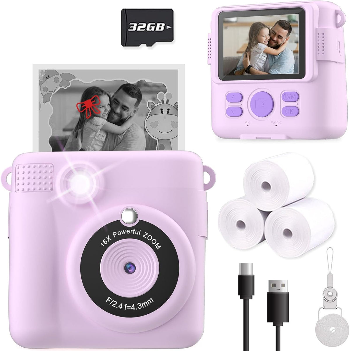 Instant Print Camera for Kids, Kids Digital Cameras for Toddler, Portable Toy for 3 4 5 6 7 8 9 10 Year Old Girl with 32GB SD Card-Purple