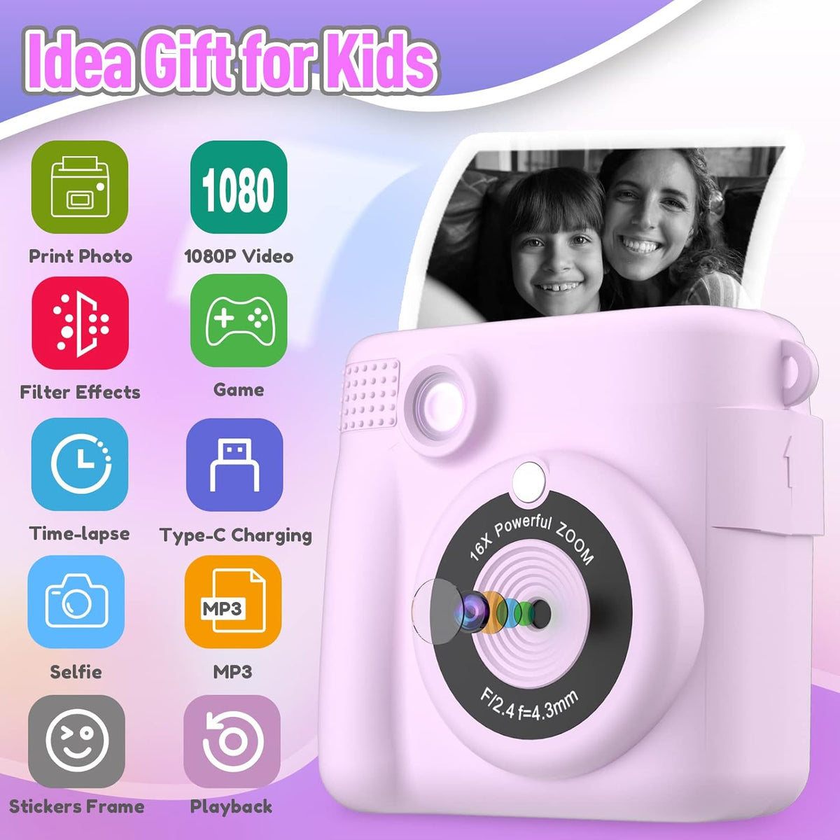 Instant Print Camera for Kids, Kids Digital Cameras for Toddler, Portable Toy for 3 4 5 6 7 8 9 10 Year Old Girl with 32GB SD Card-Purple