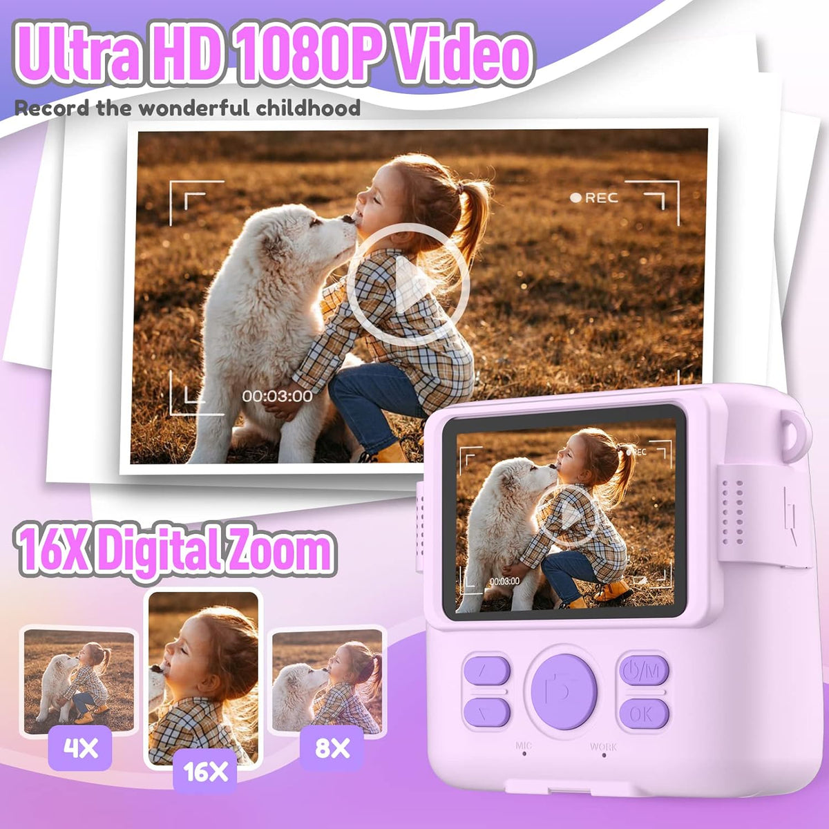 Instant Print Camera for Kids, Kids Digital Cameras for Toddler, Portable Toy for 3 4 5 6 7 8 9 10 Year Old Girl with 32GB SD Card-Purple