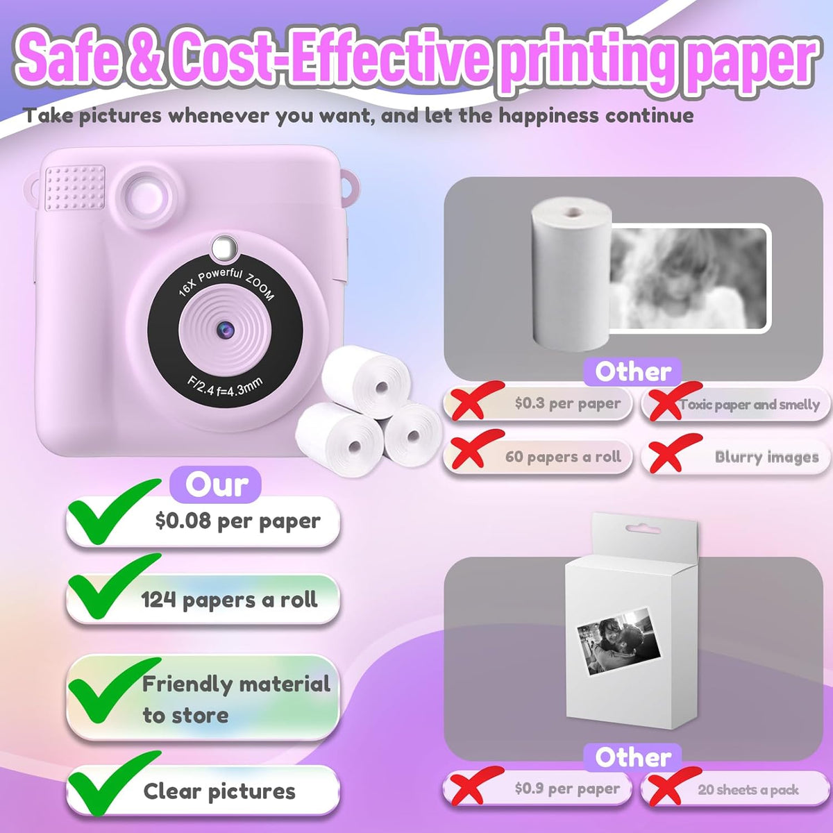 Instant Print Camera for Kids, Kids Digital Cameras for Toddler, Portable Toy for 3 4 5 6 7 8 9 10 Year Old Girl with 32GB SD Card-Purple