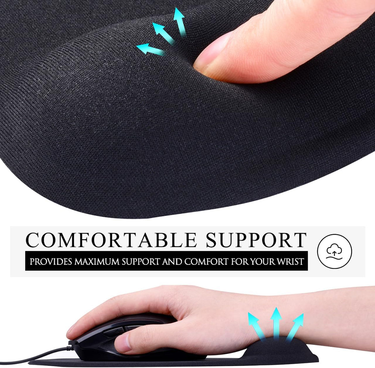 JIKIOU Mouse Pad, 2 Pack Ergonomic Mouse Pads with Comfortable Gel Wrist Rest Support and Smooth Cloth, Non-Slip PU Base
