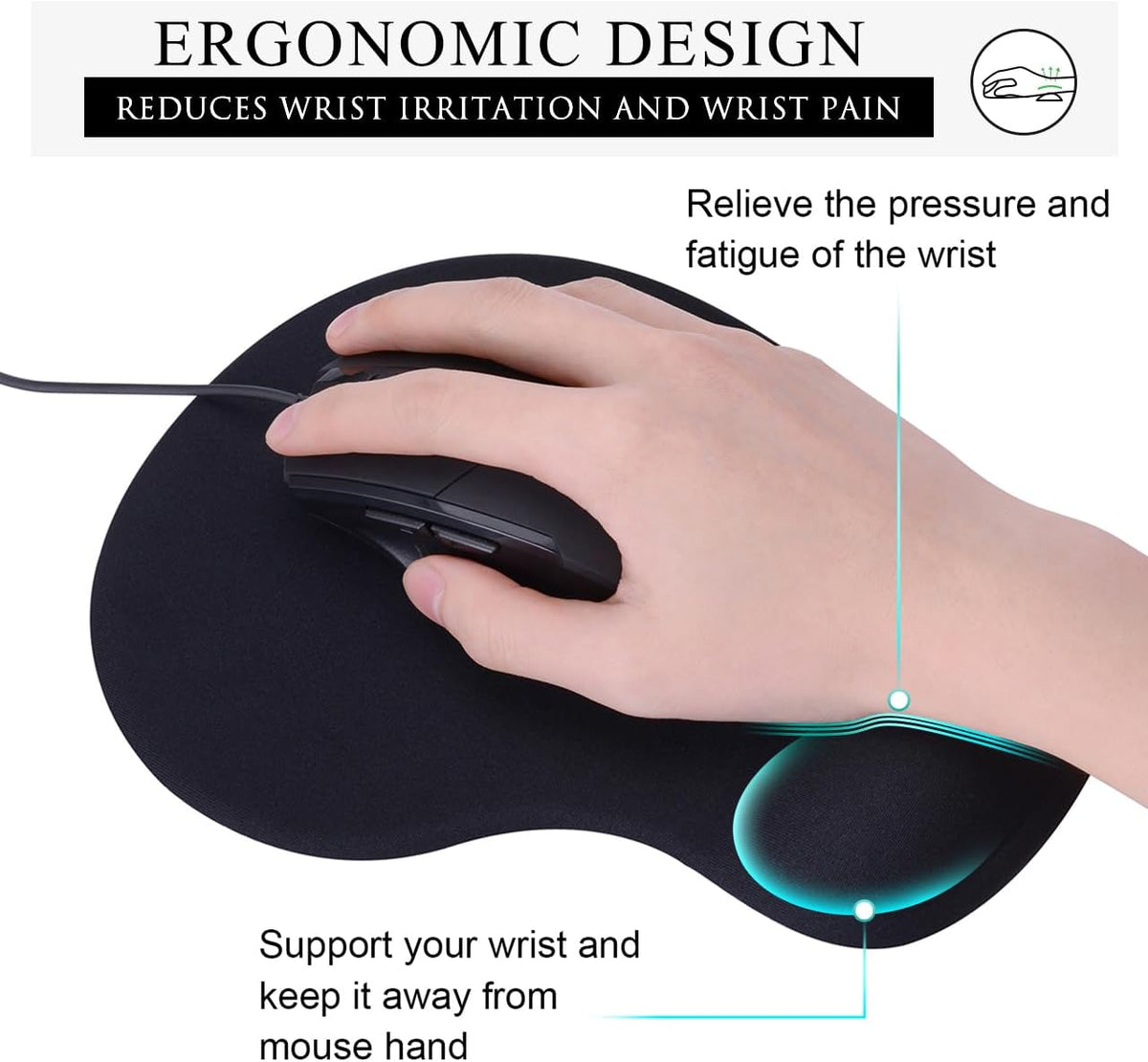 JIKIOU Mouse Pad, 2 Pack Ergonomic Mouse Pads with Comfortable Gel Wrist Rest Support and Smooth Cloth, Non-Slip PU Base