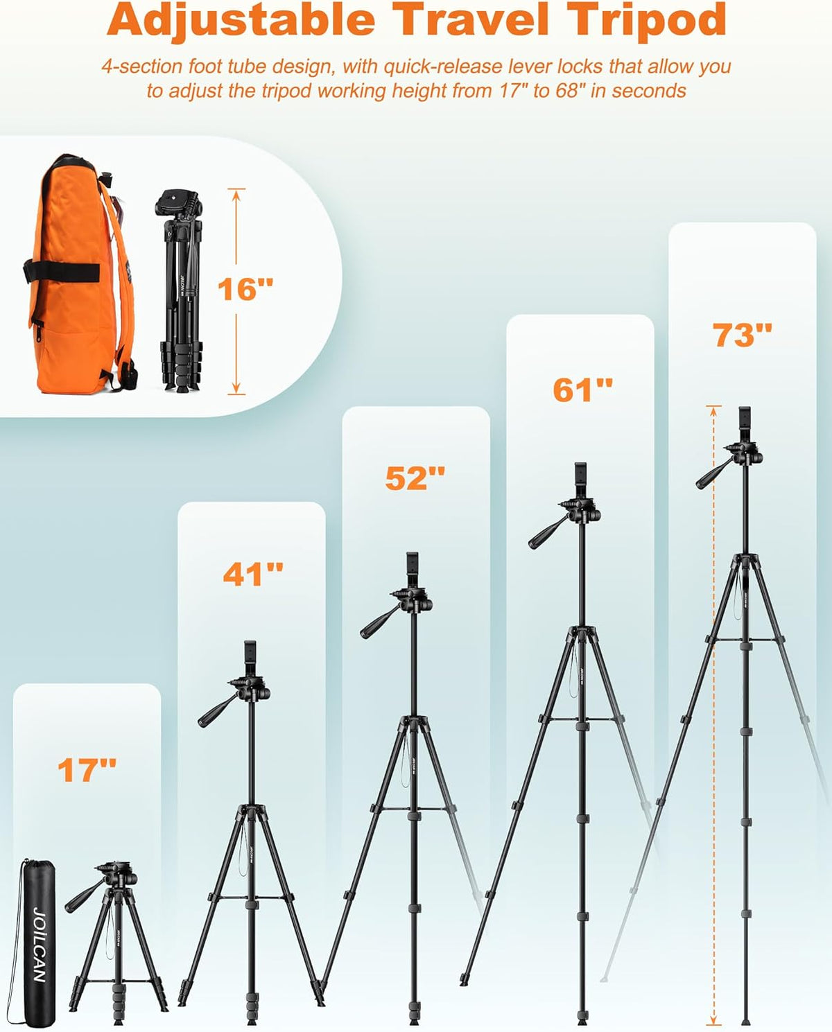 JOILCAN Phone Tripod Stand, 68" Tripod for iPad iPhone Tablet with Remote Universal Holder Carry Bag, Travel Aluminum Tripod