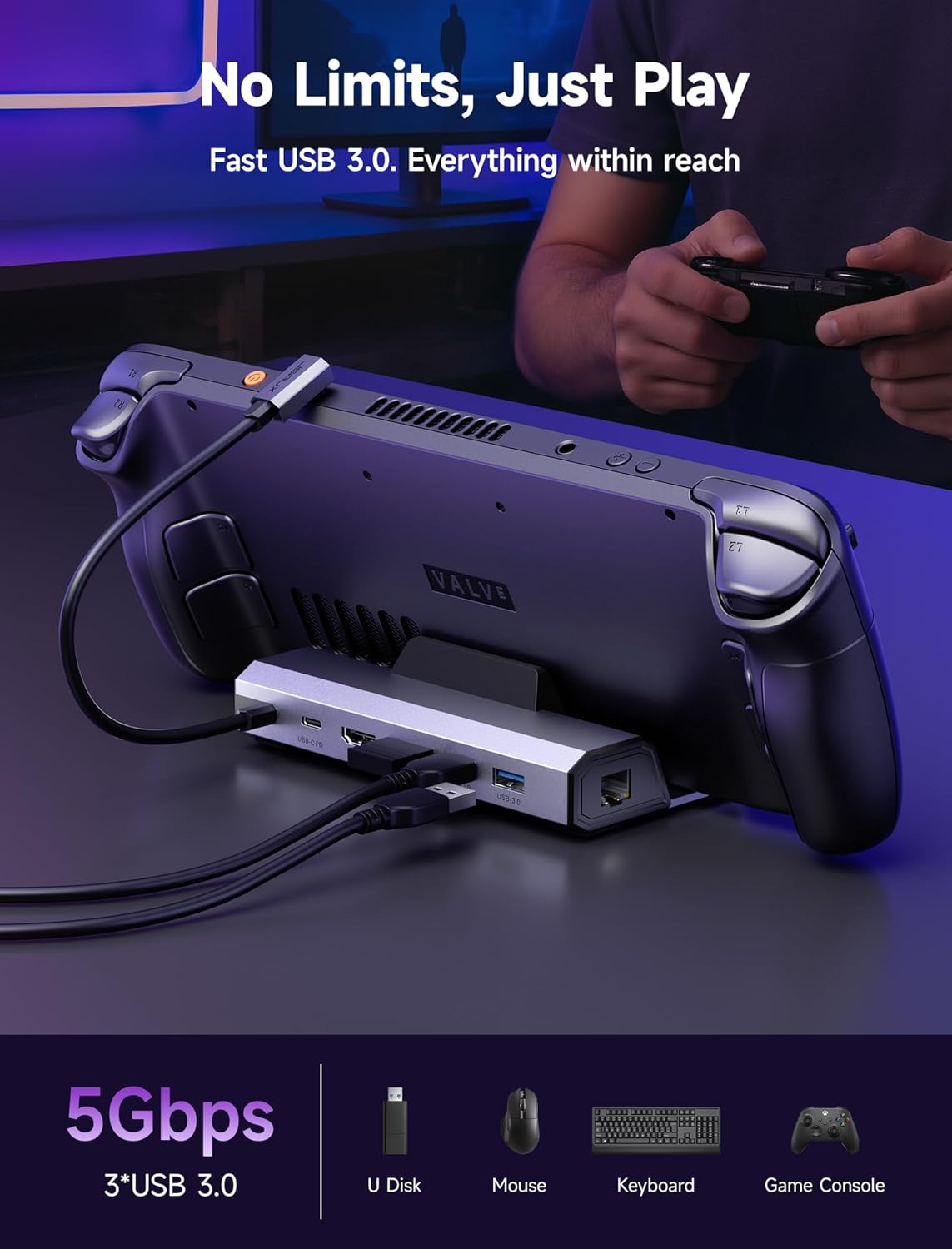JSAUX Upgraded Docking Station 4K@120Hz for Steam Deck OLED/ROG Ally X/Legion Go (S)/MSi Claw, 6-in-1 Steam Deck Dock with HDMI 2.1, Gigabit Ethernet