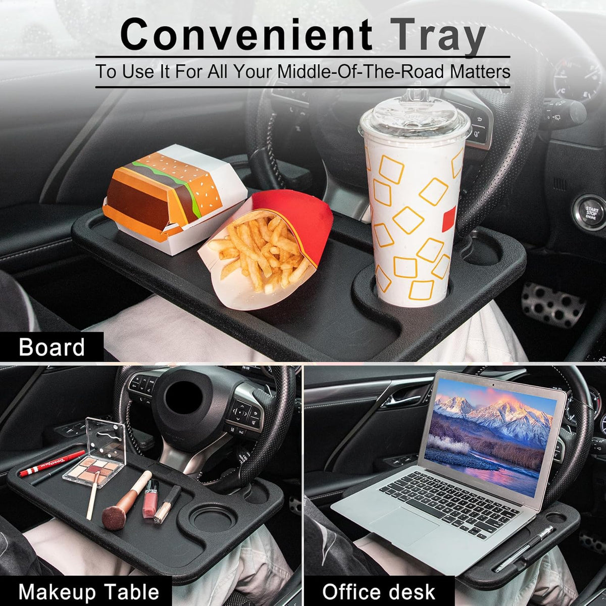 JUSTTOP Car Steering Wheel Desk for Laptop, Multipurpose Travel Car Accessories, Car Seat Stand Trays for Eating (Black)
