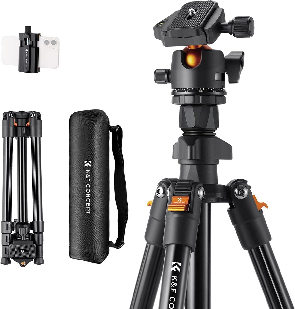 K&F CONCEPT 64 inch/163 cm Camera Tripod, Lightweight Travel Outdoor DSLR Tripods with 360 Degree Ball Head Load Capacity 17.6 lbs/8 kg
