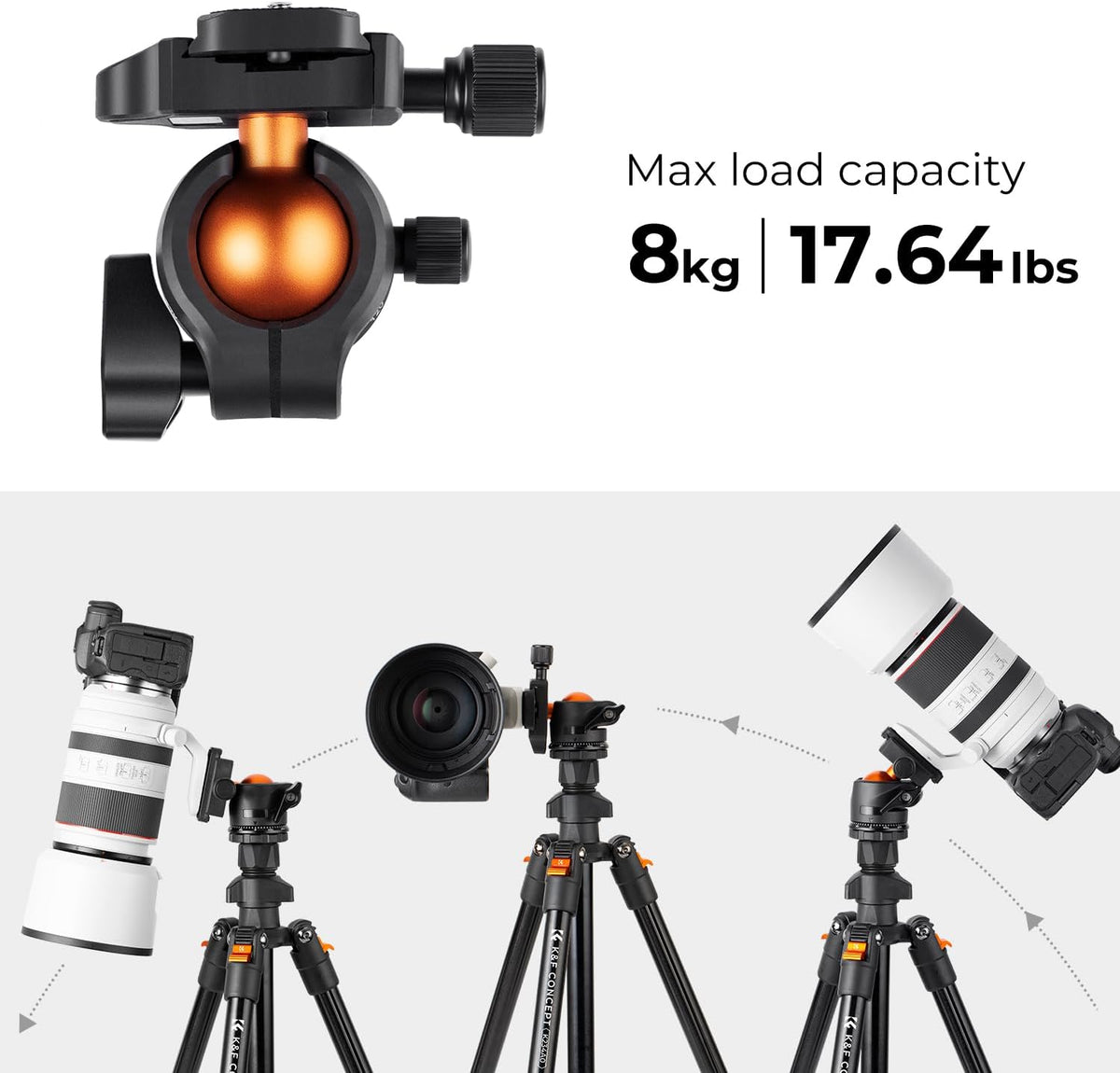 K&F CONCEPT 64 inch/163 cm Camera Tripod, Lightweight Travel Outdoor DSLR Tripods with 360 Degree Ball Head Load Capacity 17.6 lbs/8 kg