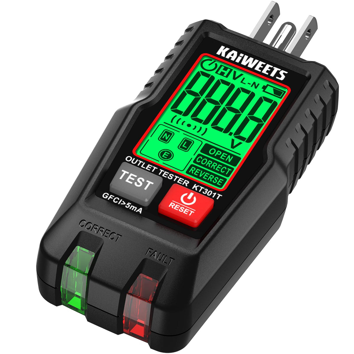 KAIWEETS GFCI Outlet Tester with LCD Display, 3-Prong Receptacle Wiring Detector, Voltage Socket Checker, Auto Hold, Electrical Diagnostic Tool