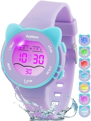 Kids Digital Analog Watches for Girls Boys, 7 Color Lights Waterproof Cute Wristwatches for Kids with Alarm Stopwatch