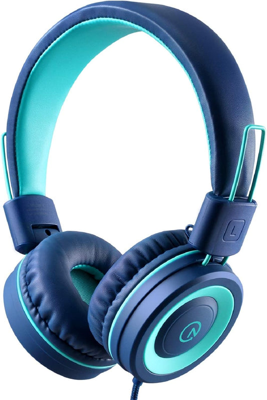 Kids Headphones - noot products K11 Foldable Stereo Tangle-Free 3.5mm Jack Wired Cord On-Ear Headset (Navy/Teal)