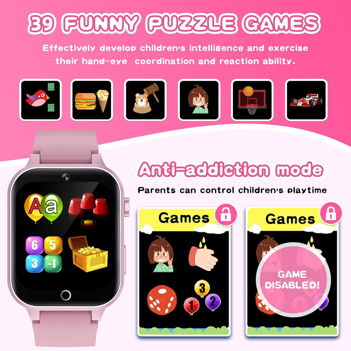 Kids Smart Watch Gift for Girls Age 5-12, 39 Games HD Touch Screen Watches