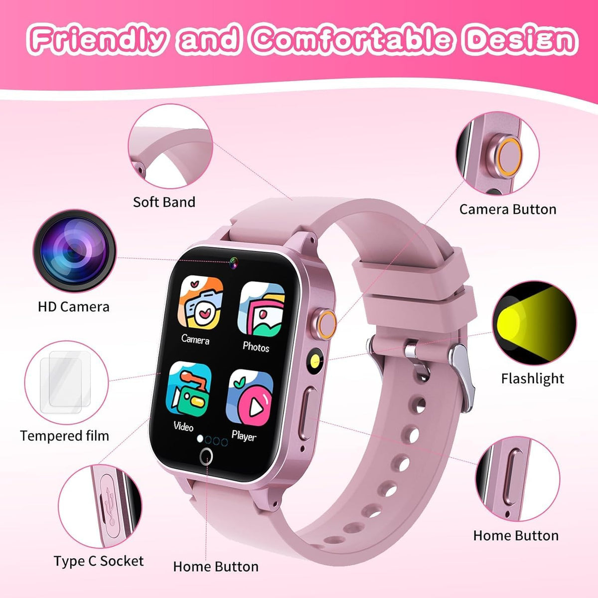 Kids Smart Watch Gift for Girls Age 5-12, 39 Games HD Touch Screen Watches