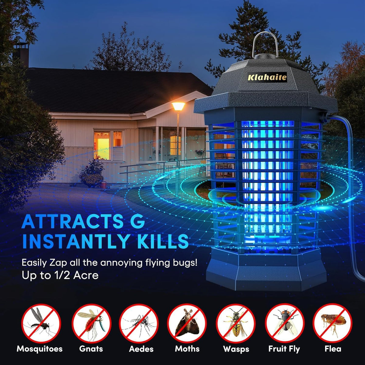Klahaite Bug Zapper Outdoor, Electric Mosquito Zapper, Fly Zapper Indoor Fly Traps, Mosquito Repellent Outdoor Patio and Backyard Covers 1/2 Acre