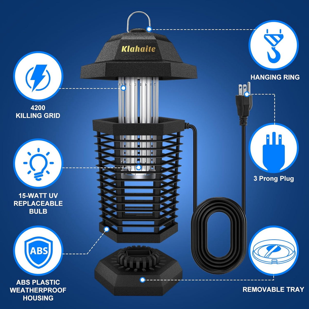Klahaite Bug Zapper Outdoor, Electric Mosquito Zapper, Fly Zapper Indoor Fly Traps, Mosquito Repellent Outdoor Patio and Backyard Covers 1/2 Acre