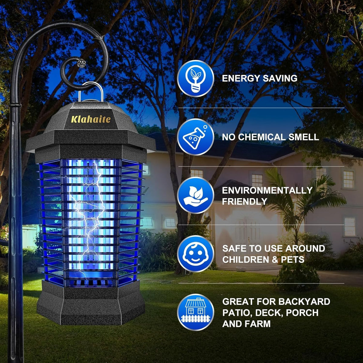 Klahaite Bug Zapper Outdoor, Electric Mosquito Zapper, Fly Zapper Indoor Fly Traps, Mosquito Repellent Outdoor Patio and Backyard Covers 1/2 Acre