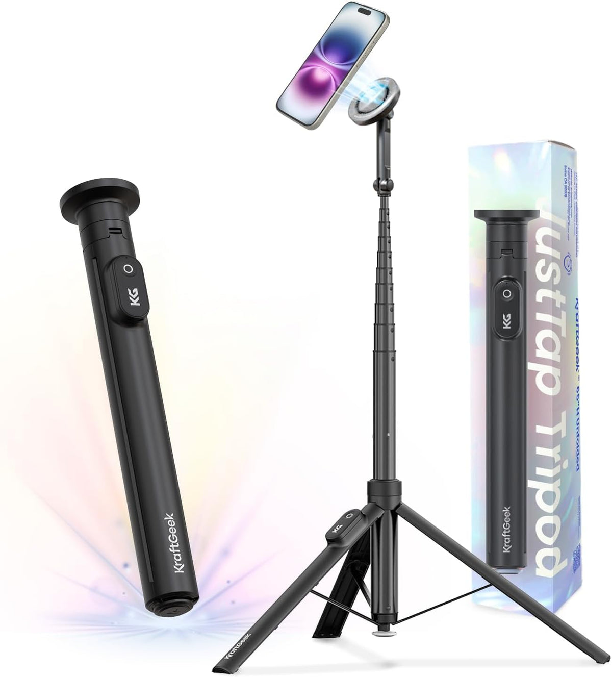 KraftGeek Magnetic Phone Tripod for iPhone MagSafe - 66'' Automatic Selfie Stick with Remote, Portable Tripod Stand for Video Recording (Black)