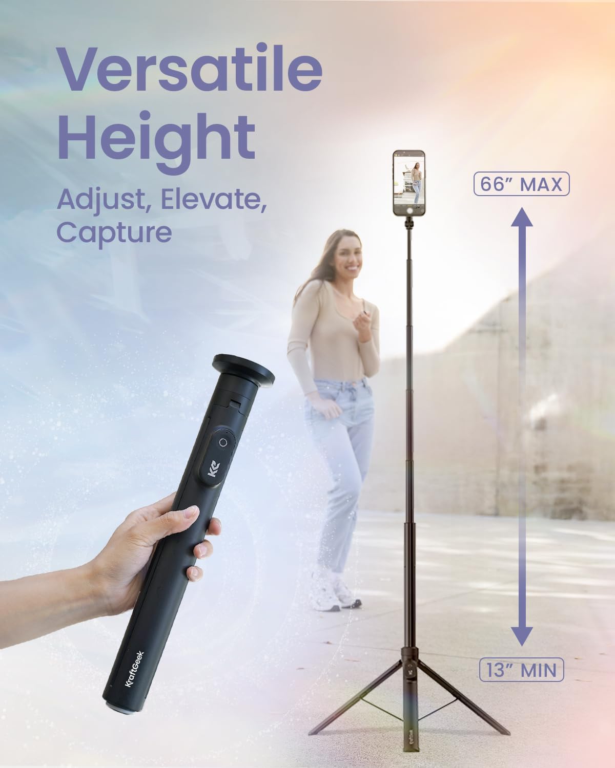 KraftGeek Magnetic Phone Tripod for iPhone MagSafe - 66'' Automatic Selfie Stick with Remote, Portable Tripod Stand for Video Recording (Black)