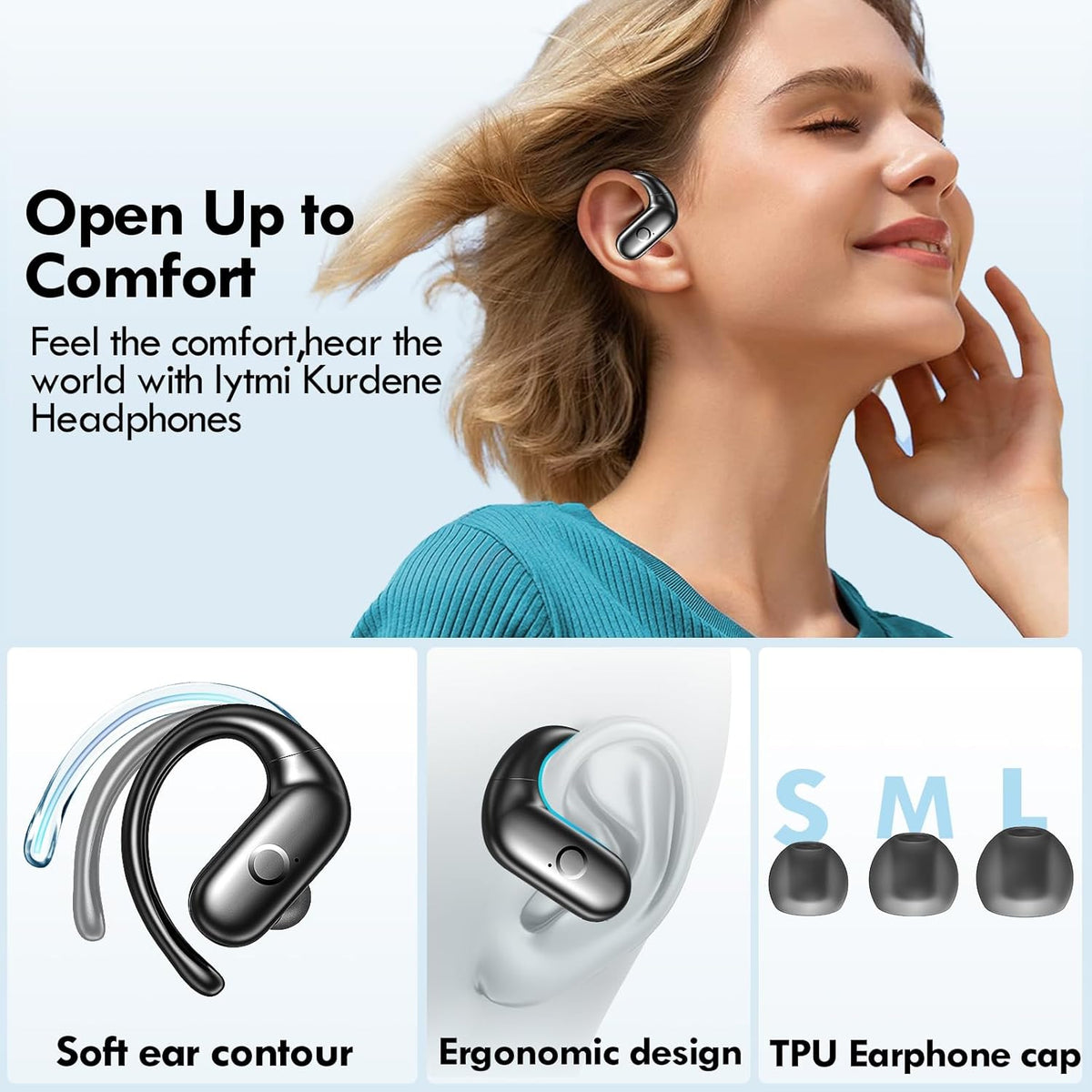kurdene Wireless Earbuds Bluetooth Headphones Sport, Over Ear Buds with Deep Bass Sound, 60Hrs Playtime Earphones Redesigned Comfort Fit with Earhooks