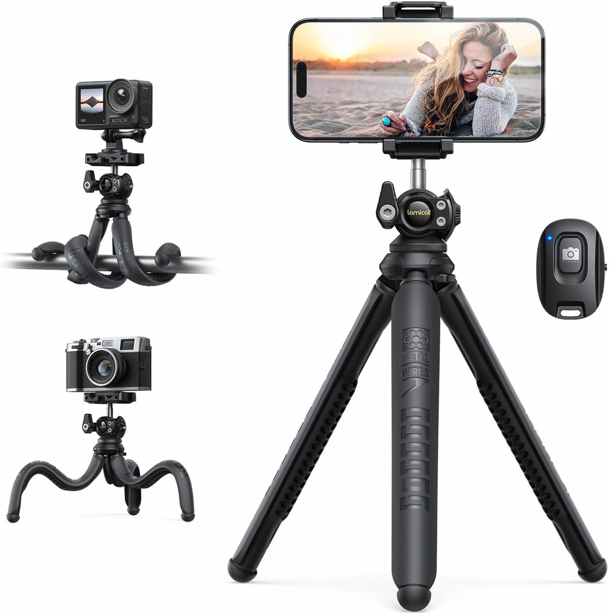 Lamicall Tripod for iPhone - 3 in 1 Flexible Phone Tripod with Wireless Remote - iPhone Tripod Stand for Video Recording Vlogging Selfie