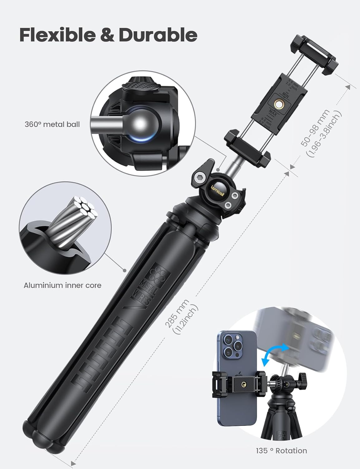 Lamicall Tripod for iPhone - 3 in 1 Flexible Phone Tripod with Wireless Remote - iPhone Tripod Stand for Video Recording Vlogging Selfie