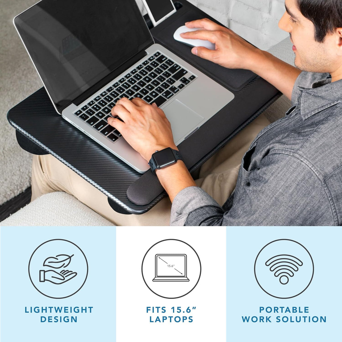 LAPGEAR Home Office Pro Lap Desk with Wrist Rest, Mouse Pad, and Phone Holder - Black Carbon - Fits up to 15.6 Inch Laptops - Style No. 91598