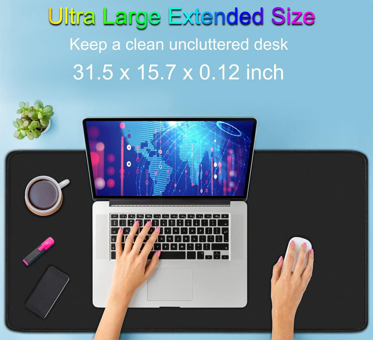 Large Extended Gaming Mouse Pad with Stitched Edges, (31.5X15.7In) Durable Non-Slip Natural Rubber Base, Waterproof Computer Keyboard Pad Mat