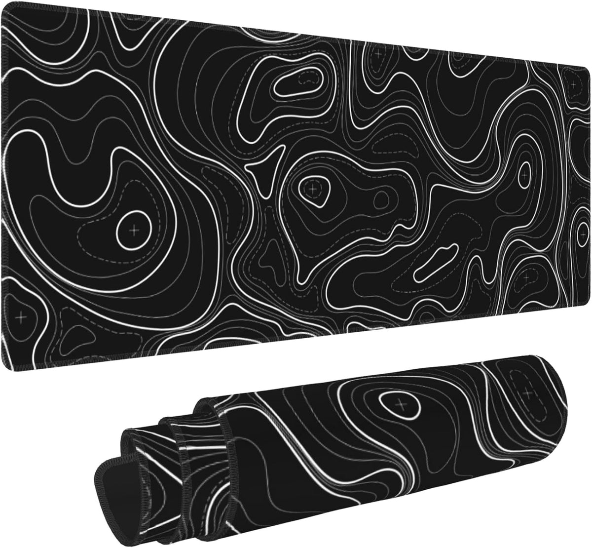 Large Gaming Mouse Pad Black Topographic Contour Mouse Pad Extended XL Long Mousepad Big Desk Mat with Stitched Edges & Nonslip Rubber Base