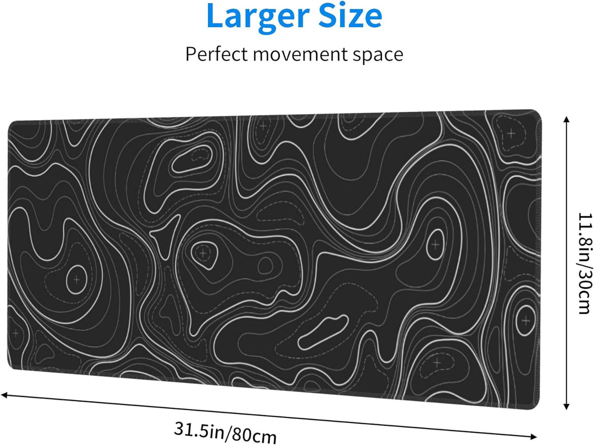 Large Gaming Mouse Pad Black Topographic Contour Mouse Pad Extended XL Long Mousepad Big Desk Mat with Stitched Edges & Nonslip Rubber Base