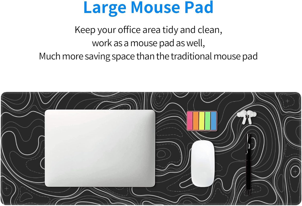 Large Gaming Mouse Pad Black Topographic Contour Mouse Pad Extended XL Long Mousepad Big Desk Mat with Stitched Edges & Nonslip Rubber Base