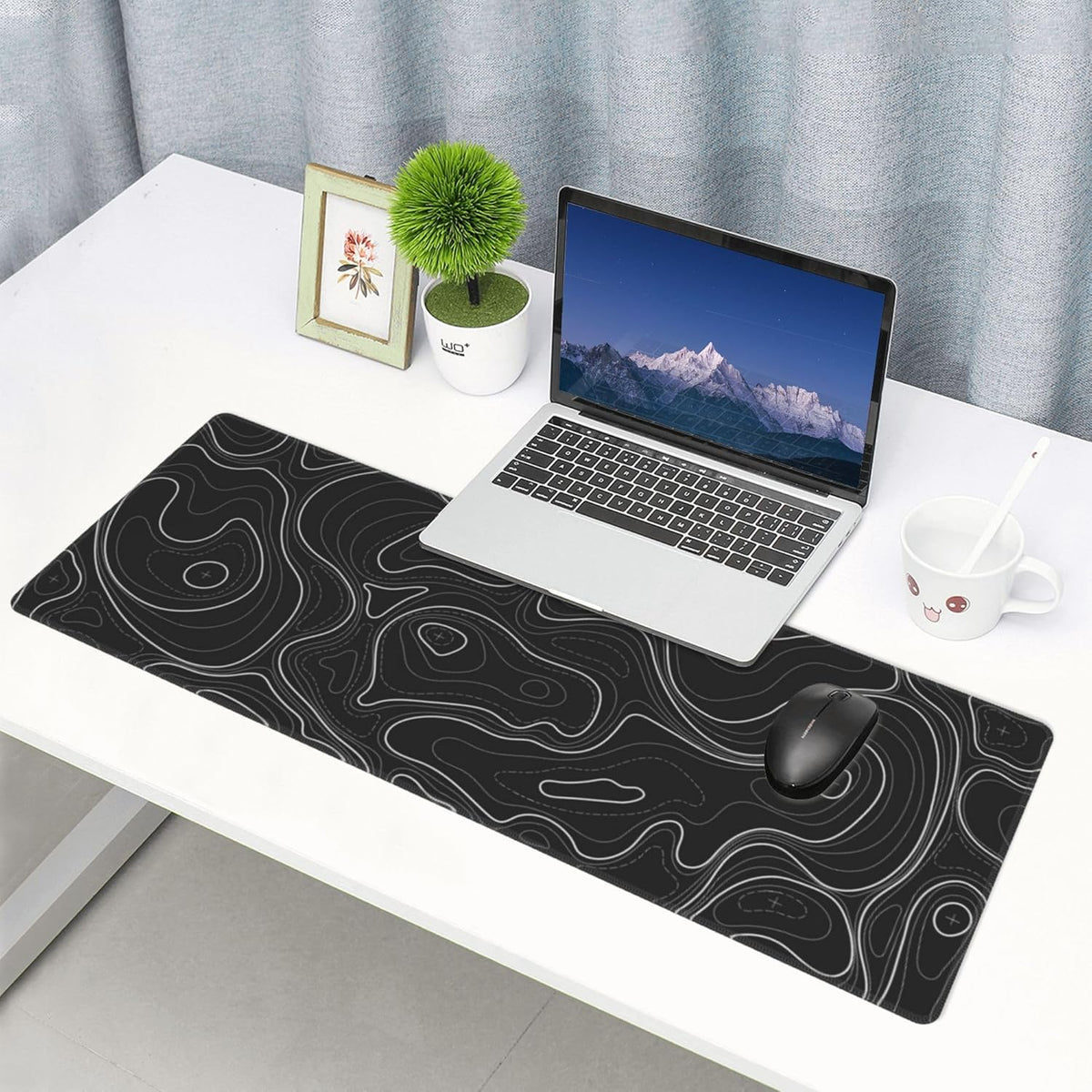 Large Gaming Mouse Pad Black Topographic Contour Mouse Pad Extended XL Long Mousepad Big Desk Mat with Stitched Edges & Nonslip Rubber Base
