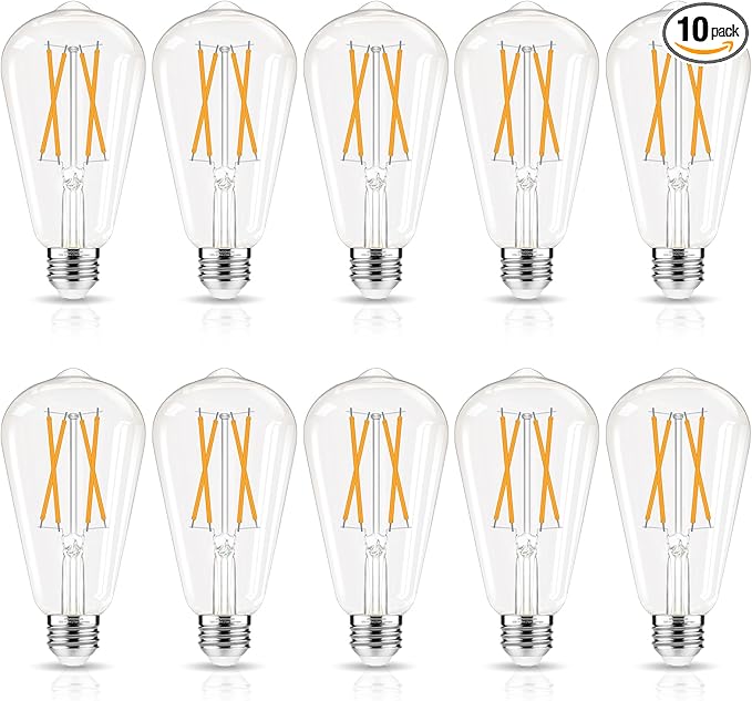 LED Edison Bulbs Dimmable, E26 Bulb 60 watt Equivalent, Soft White 2700K, ST58 Vintage Light Bulbs, 90+ CRI, 6W 600LM, E26 Medium Base (10 Pack)