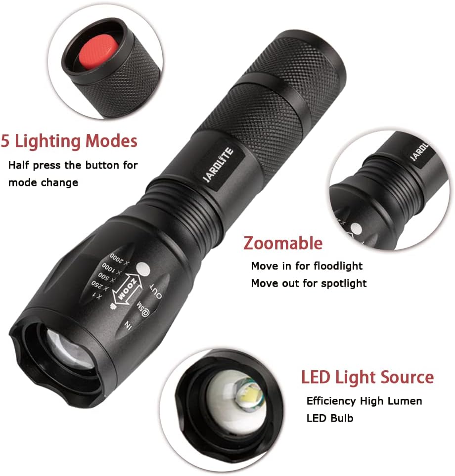 LED Emergency Handheld Flashlight, 4 Pack, Adjustable Focus, Water Resistant with 5 Modes, Tactical Torch for Hurricane, Camping, Dog Walking