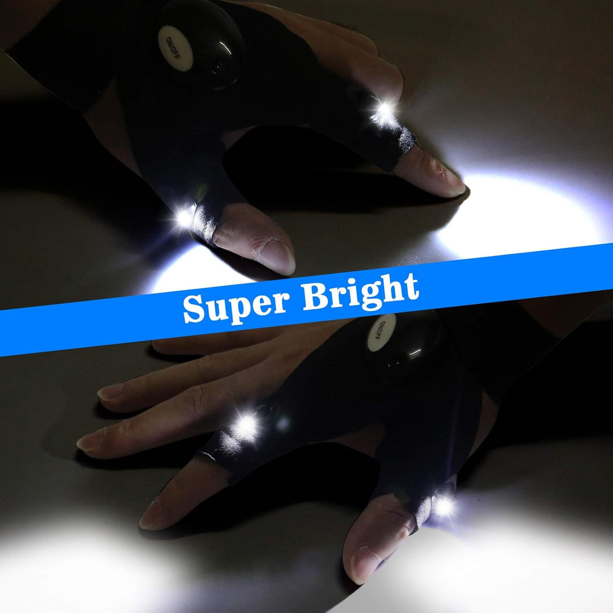 LED Flashlight Gloves, Cool Gadget Waterproof Hands-Free Finger Lights for Camping Fishing Repairing