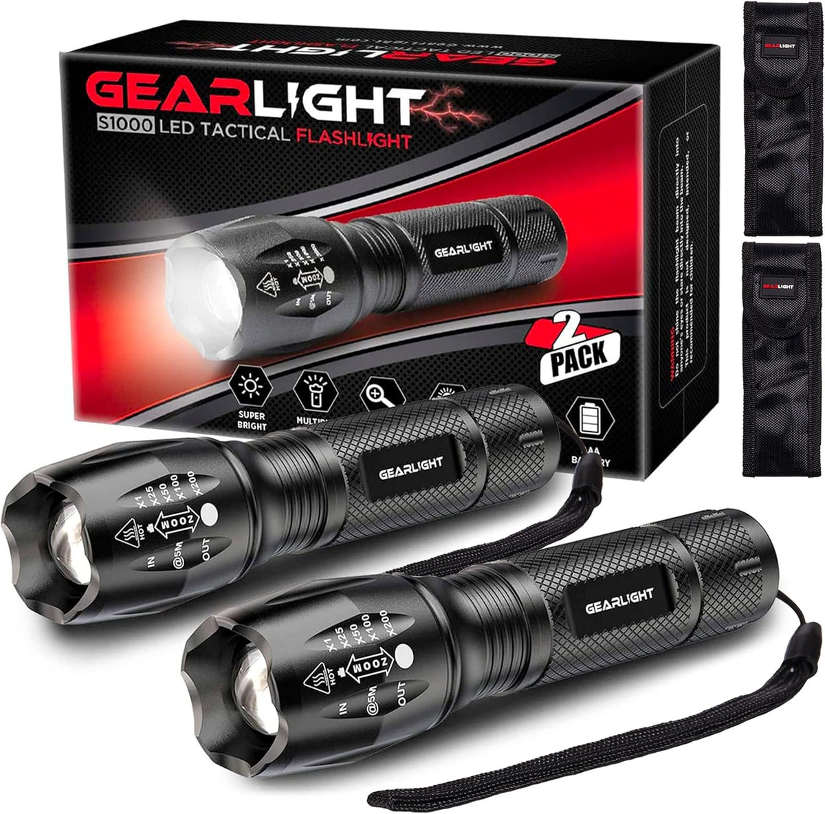 LED Flashlight High Lumens, Mini Tactical LED Flashlight 2 Pack, 5 Modes Zoomable Beam, Battery Powered (Batteries Not Included) for Camping, Hunting