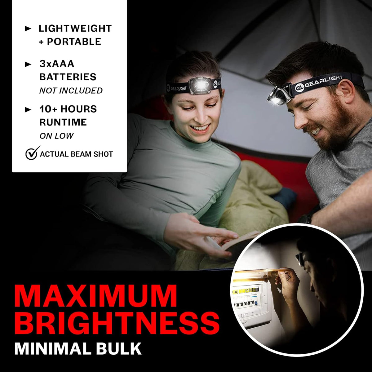LED Headlamp 2-pack Battery Powered (AAA) - Head Lamp for Running Hunting Camping Fishing Hiking with Red Light and Adjustable Headband
