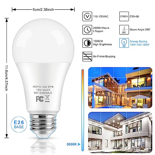 LED Light Bulbs, 100 Watt Equivalent A19, 13W 5000K Daylight White 1500 Lumens Non-Dimmable Bright E26 Edison Medium Screw Bulbs