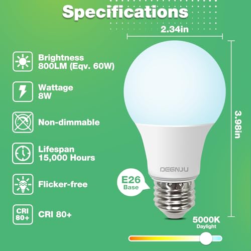 LED Light Bulbs Daylight 5000K, 60 Watt Equivalent LED Bulbs, A19 Standard Bulbs, 800 LM, 15000 Hours, E26 Base, Non-Dimmable