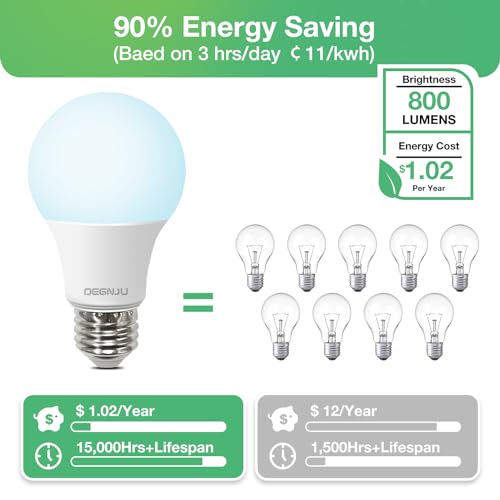 LED Light Bulbs Daylight 5000K, 60 Watt Equivalent LED Bulbs, A19 Standard Bulbs, 800 LM, 15000 Hours, E26 Base, Non-Dimmable