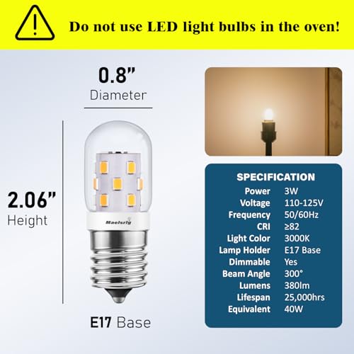 LED Microwave Light Bulbs Under Hood 40W Equivalent, E17 LED Bulb Dimmable for Range Hood, 3W 380 Lumens, LED Appliance Light Bulb Over Stove (2 Pack)